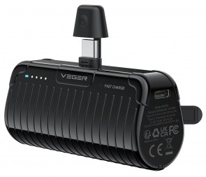 Powerbanka VEGER 5000 mAh s vestavěným konektorem Type C PlugOn PD QC3.0 3A 20W W0558 černá