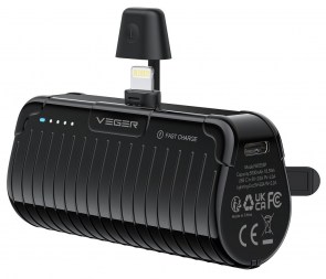 Powerbanka VEGER 5000 mAh s vestavěným konektorem Lightning PlugOn PD QC3.0 3A 20W W0558P černá