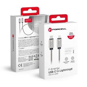  F-ENERGY Metal C238 kabel Type C to Lightning PD 3A 27W 2 m stříbrný