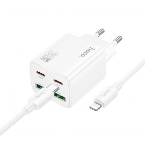 Nabíječka HOCO 2 x Type C + 2 x USB A + kabel Type C to Lightning PD QC3.0 3A 30W N56 bílá