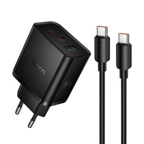 Nabíječka telefonu Hoco 2x USB C + USB A QC3.0 PD 3A 65W + datový kabel USB C na USB C N75 černá