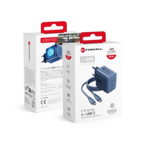 Nabíječka na telefon  F-Energy GaN III Crystal Color 2x USB-C AVS SSFC2.0 60 W + silikonový kabel USB-C na USB-C VT-60 tmavě modrý