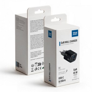 Nabíječka na telefon Blue Star Nano GaN USB-C + USB-A QC4.0 PD 3 A 45 W VT-334, černá