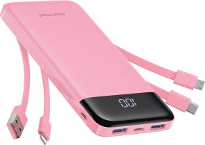 Powerbanka 5 V, 3 A, 10 000 mAh s integrovanými kabely USB-A / USB-C / Lightning / Micro USB, Charmast W1148, růžová