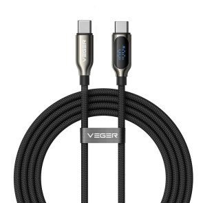 Kabel s LED displejem, typ C – typ C, VEGER PD 5 A, 100 W, CC1-XHJ, 1,5 m, černý