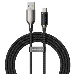 Kabel s LED kontrolkou, typ C – typ C, VEGER PD 5 A, 100 W, CC1-ZSD, 1,5 m, černý