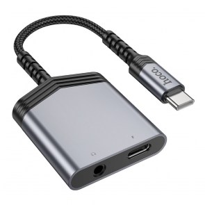 HOCO adaptér AUX 2v1 typ C na typ C / Jack 3,5 mm 27W LS39 kovově šedý