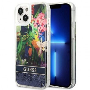 GUESS pouzdro pro IPHONE 13 / 14 / 15 GUHCP14SLFLSB (Flower Liquid Glitter) modré